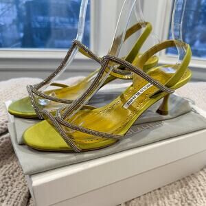 Manolo Blahnik Lucecry Satin Yellow Green Crystal Strappy High Heel Sandals 38